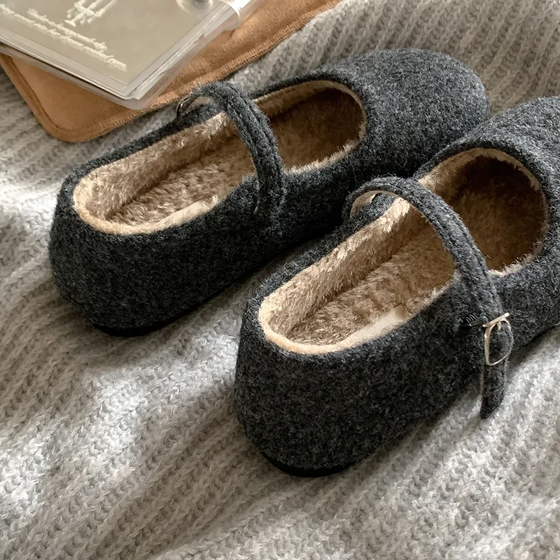 混色高級灰法式瑪麗珍毛毛鞋 內刷毛保暖 秋冬外穿平底鞋