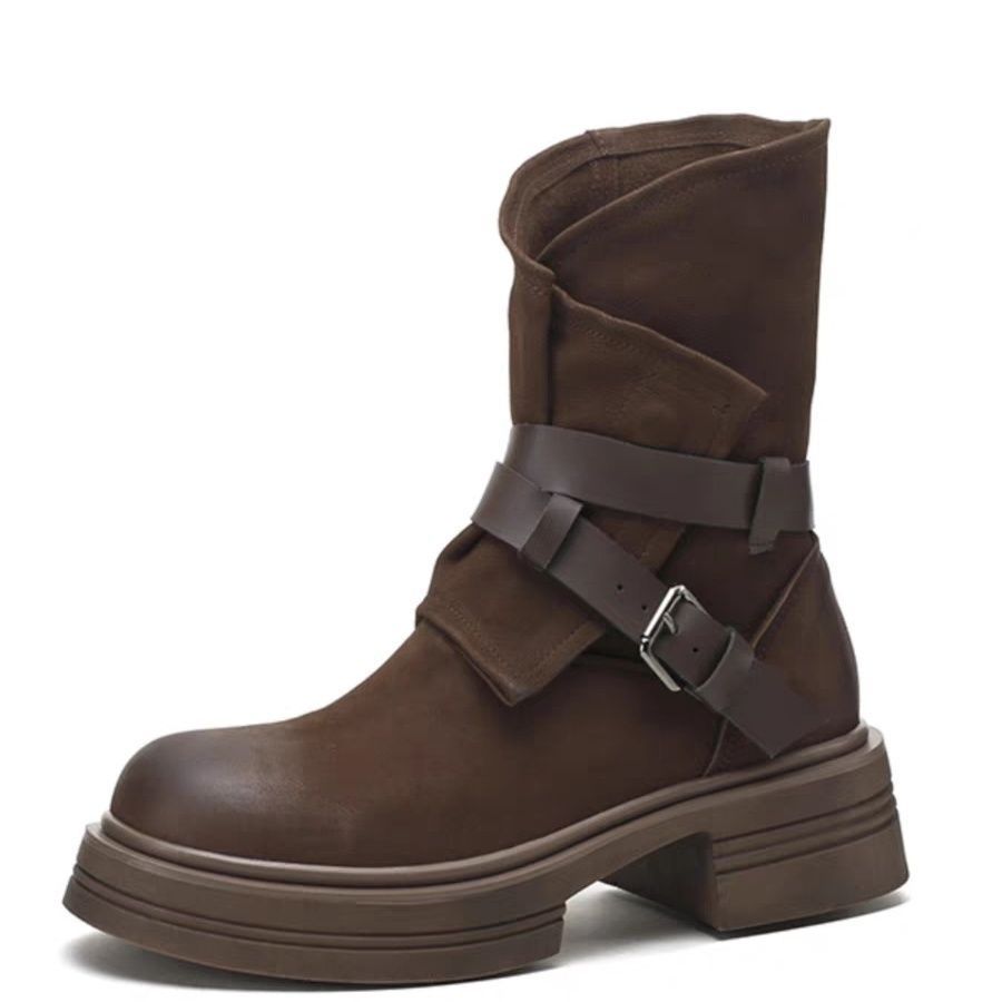 法式復古馬丁靴-秋冬新款厚底軟皮短靴 側拉鍊設計