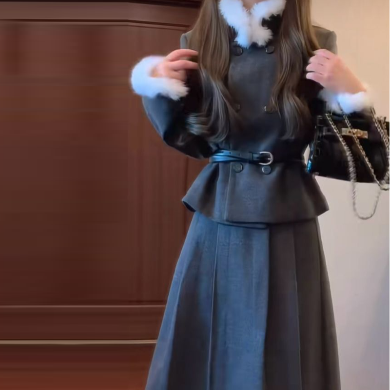 一整套OOTD穿搭復古高級感毛毛領外套百褶半身裙兩件套裝尾牙穿超好看