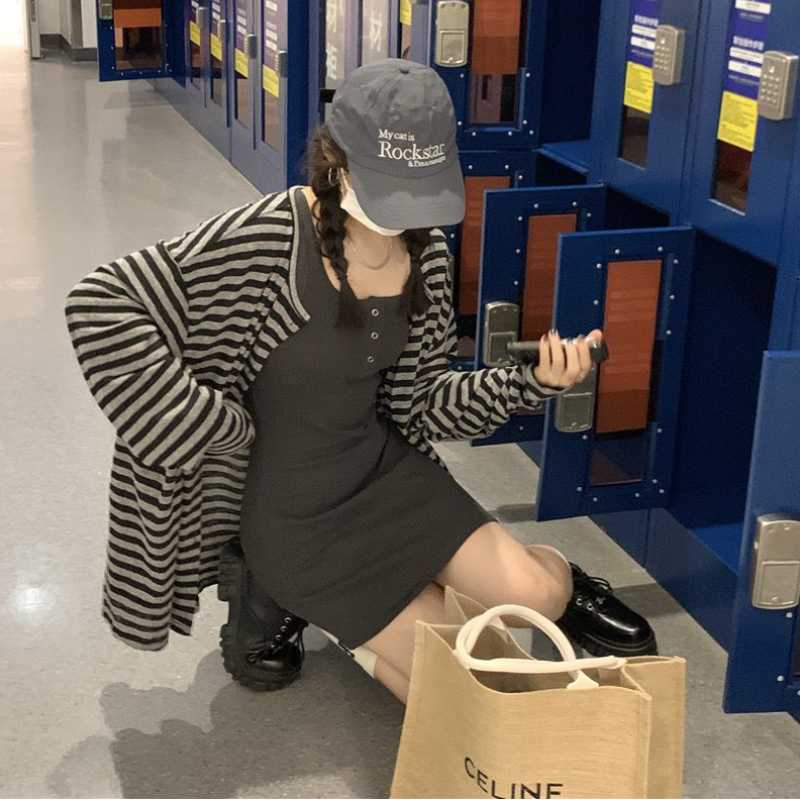 條紋針織開襟外套＋背心洋裝｜兩件式 甜辣風 修身顯瘦（長版／短版）