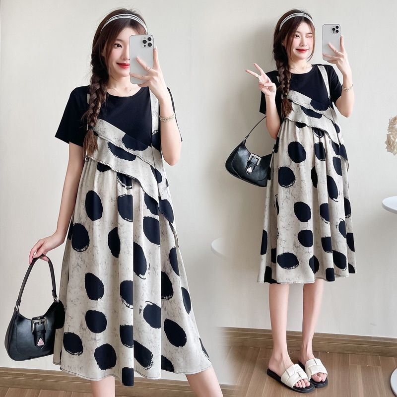 波點拼接假兩件短袖洋裝 寬鬆造型款