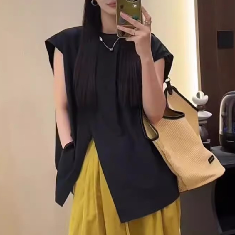 不規則側開高衩飛袖襯衫 夏季寬鬆設計感休閒氣質上衣