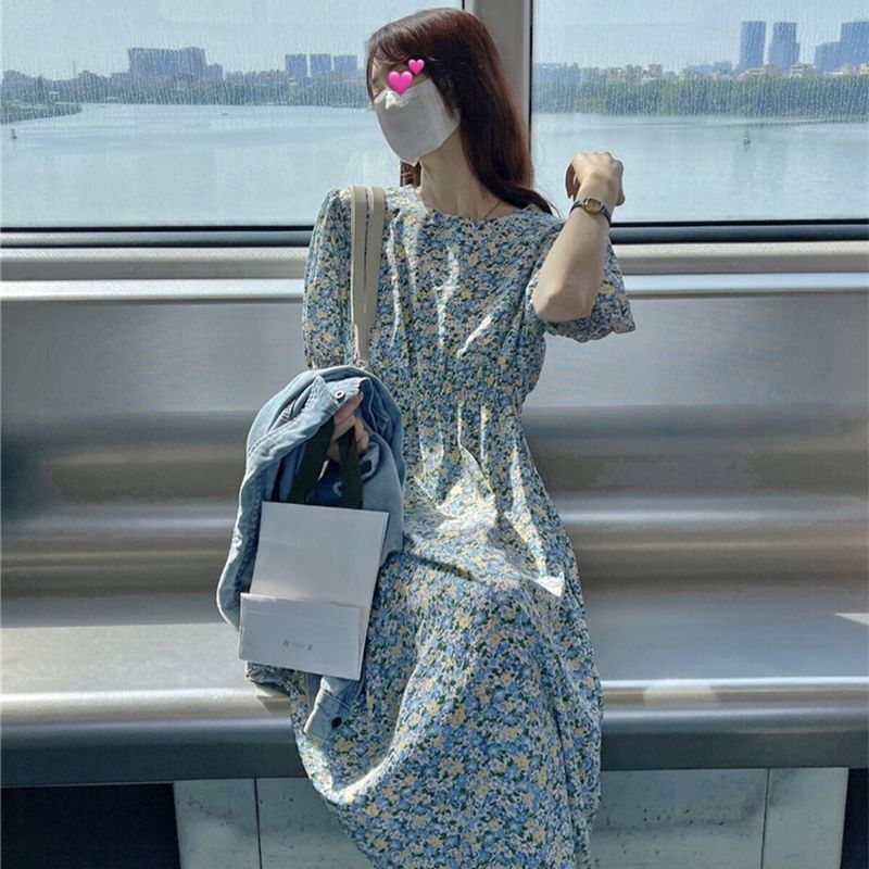 溫柔毆膩浪漫出遊·泡泡袖碎花連身長裙 甜美顯瘦法式氣質洋裝