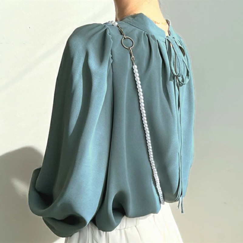 樂天日版半高領泡泡袖雪紡襯衫 優雅淑女OL