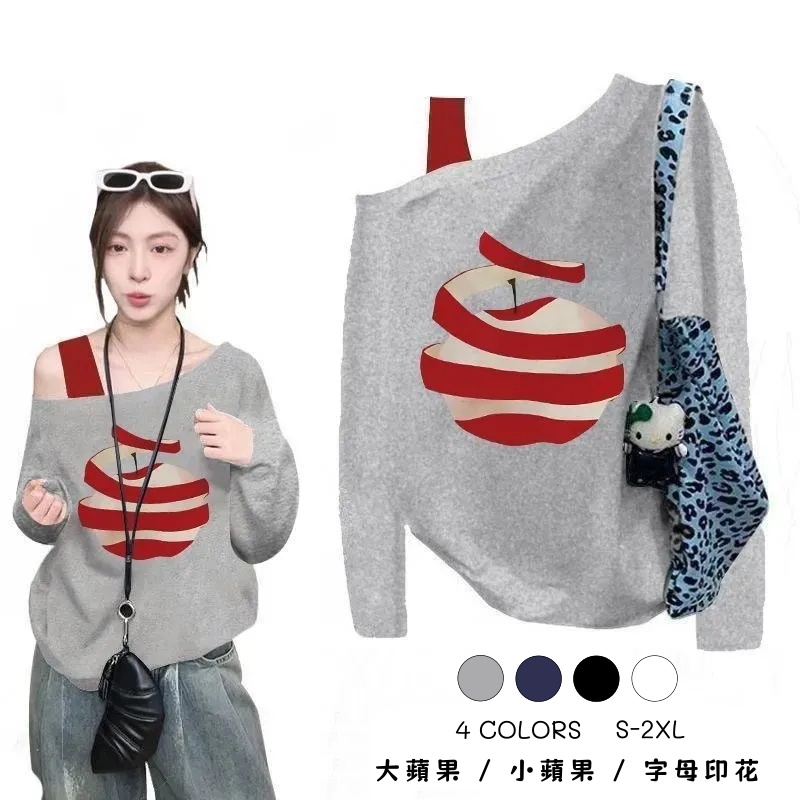 純棉斜肩假兩件長袖T恤 秋季寬鬆 設計感印花 不對稱露肩 百搭