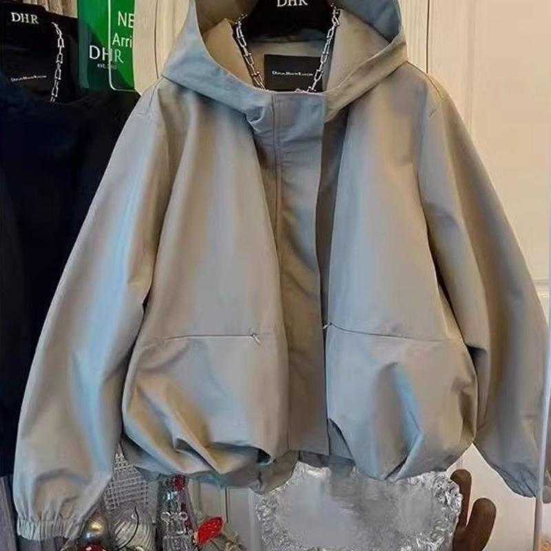 連帽寬鬆短版外套 春秋夾克 立體下擺（微澎） 大口袋 開襟擋風片 百搭顯瘦