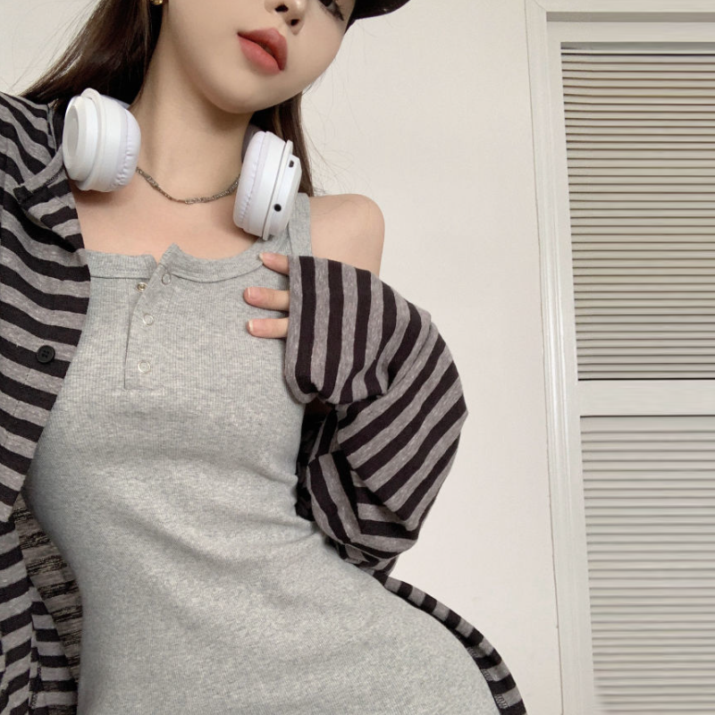 條紋針織開襟外套＋背心洋裝｜兩件式 甜辣風 修身顯瘦（長版／短版）