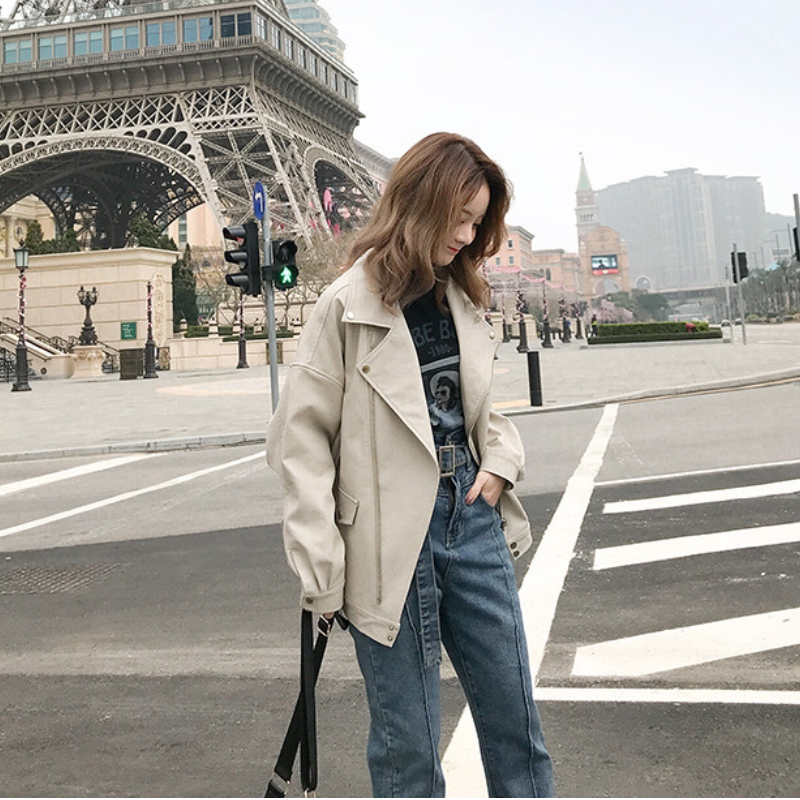 韓版休閒加厚寬鬆PU皮衣夾克短外套