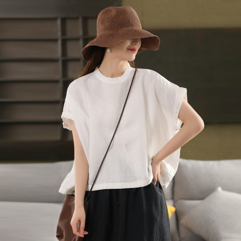 夏季亞麻短袖上衣 文青復古風寬鬆T恤襯衫 遮手臂顯瘦百搭款