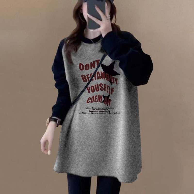 長版拼色磨毛上衣 寬鬆顯瘦 加厚保暖 搭配鯊魚褲超好看