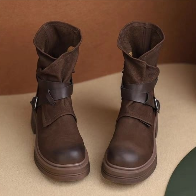 法式復古馬丁靴-秋冬新款厚底軟皮短靴 側拉鍊設計