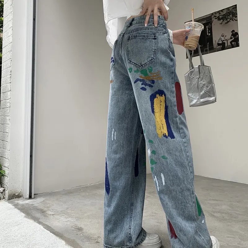 韓系 ‧ 彩色塗鴉牛仔長褲(中性風格男女可穿) 寬鬆破洞牛仔褲 高腰設計直筒寬褲