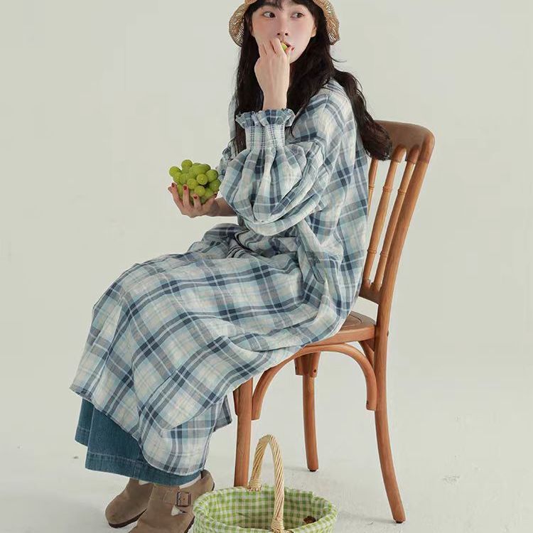 格紋圓領襯衫洋裝 收腰顯瘦 氣質長版內搭