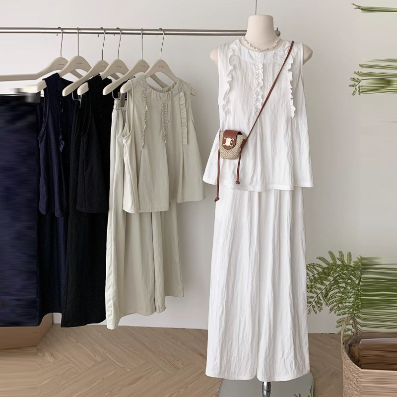 韓系木耳邊背心＋寬褲兩件式套裝 寬鬆修身顯瘦款 大尺碼友善版型