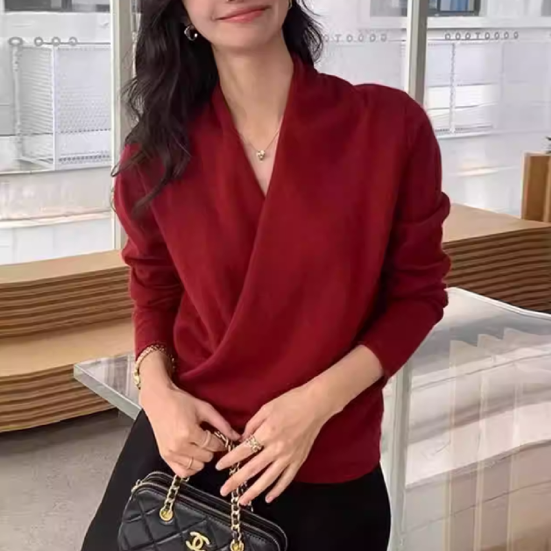 V領秋冬寬鬆上衣 性感交叉造型素面渡假長袖針織衫