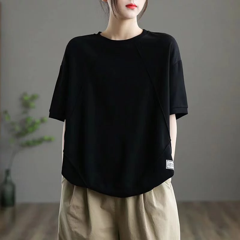 簡約素色圓領上衣-寬鬆顯瘦設計感短袖T恤 夏季百搭必備