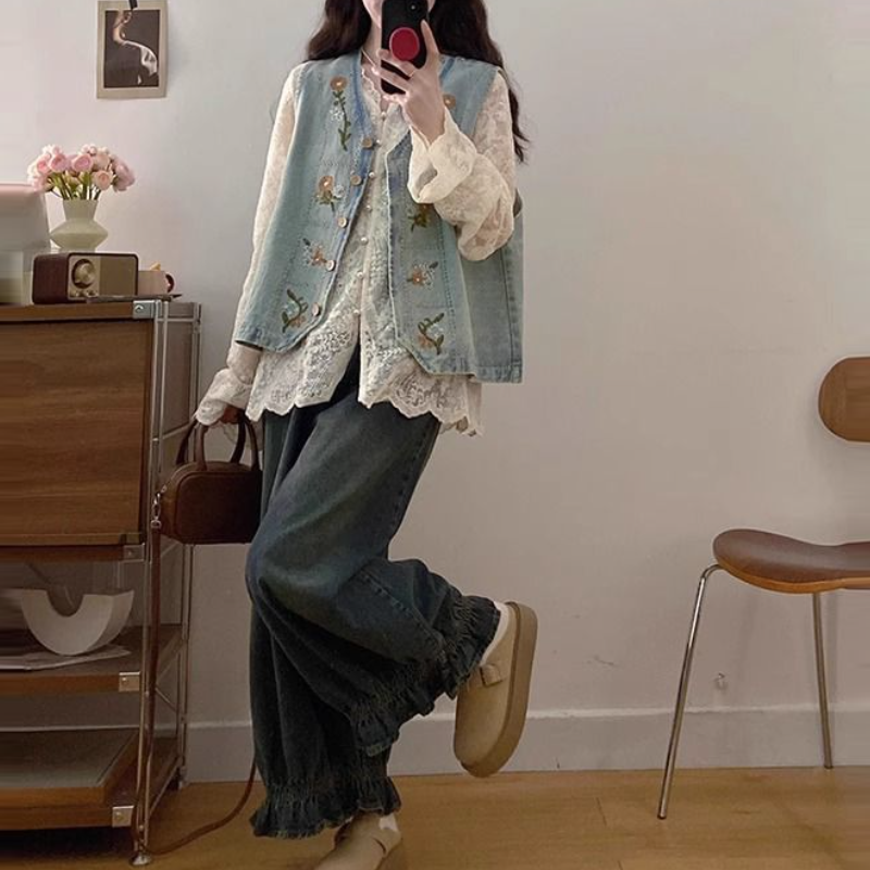 韓系復古三件式套裝 牛仔背心＋蕾絲襯衫＋寬鬆牛仔寬褲 成套穿搭 百搭有型