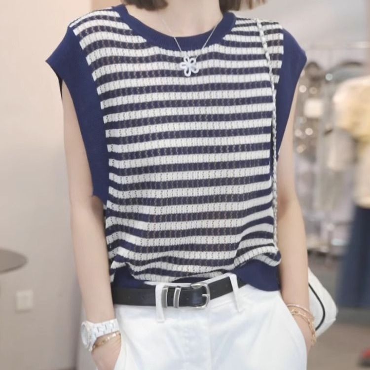 夏季冰涼針織鏤空上衣 條紋圓領小飛袖T恤 寬鬆百搭款
