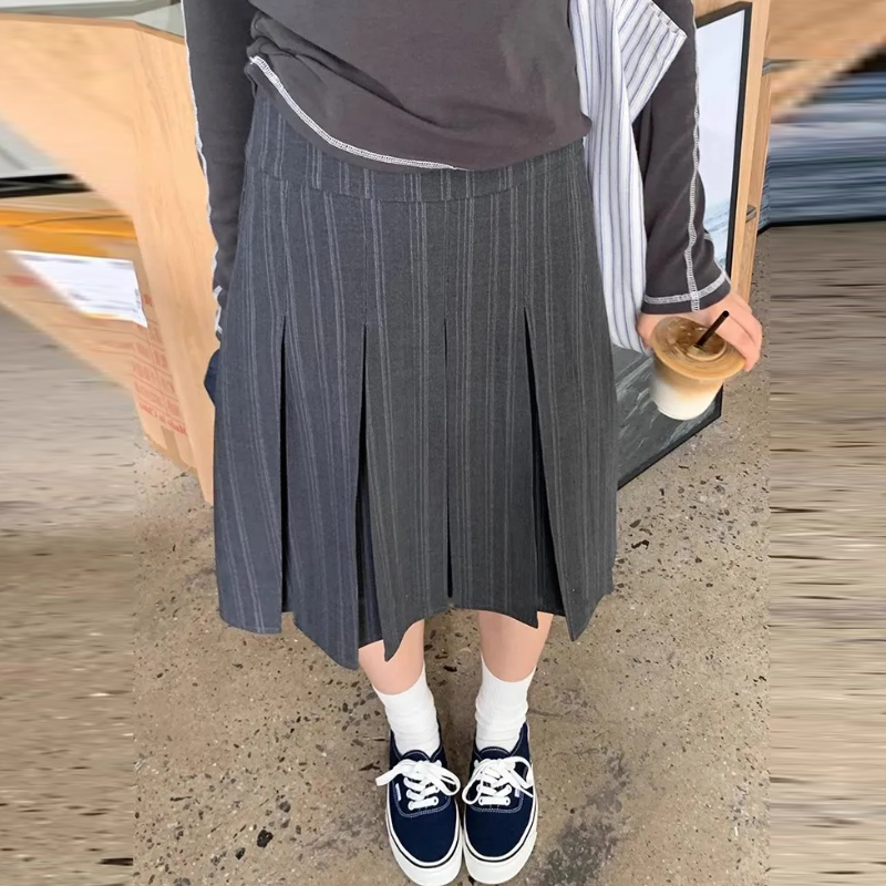 條紋百褶A字裙 高腰顯瘦 中長裙 韓系百搭