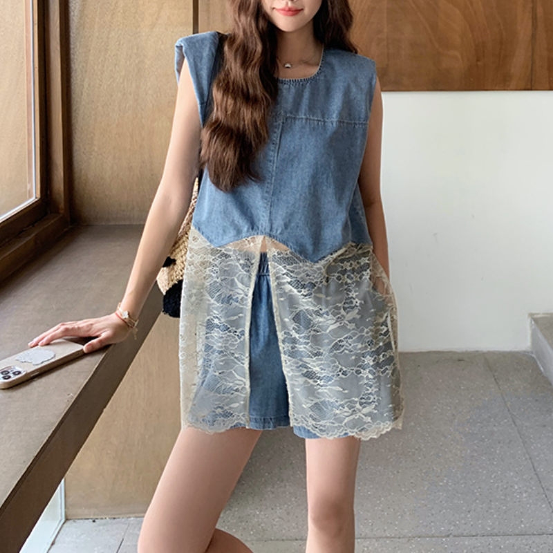 韓系穿搭古董蕾絲馬甲 × 丹寧短褲​度假組​