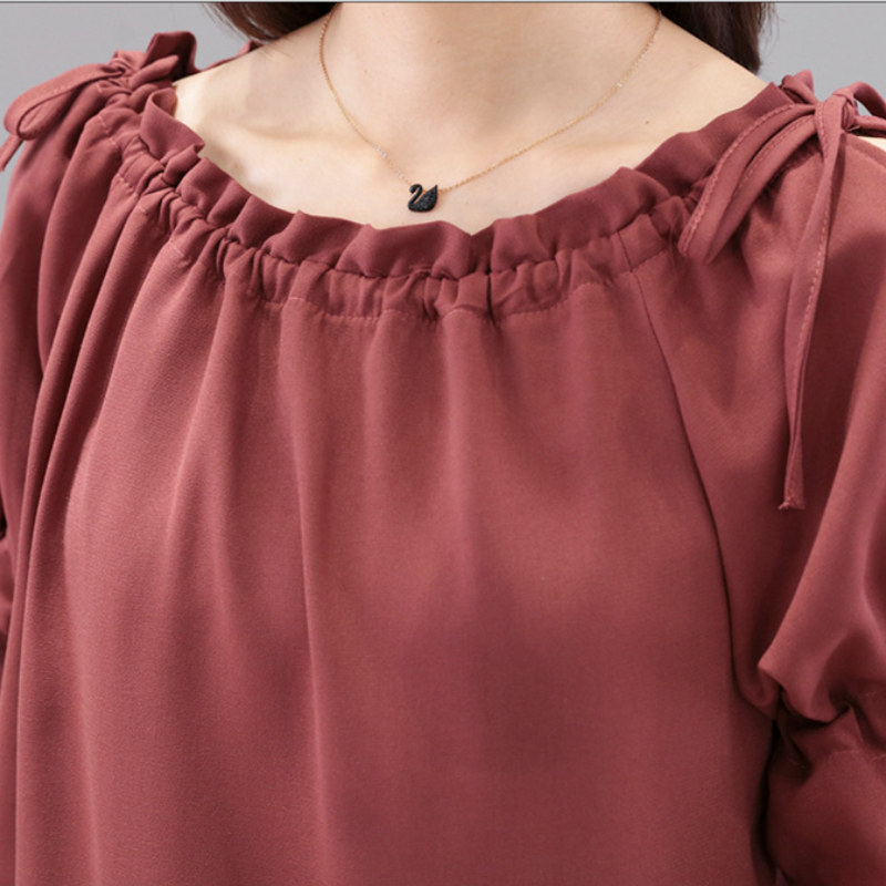 韓版繫帶鏤空寬鬆雪紡衫