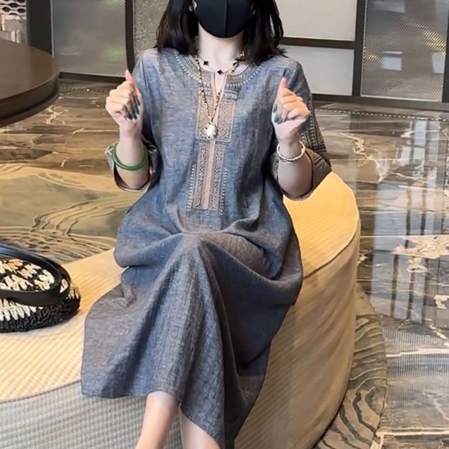 小香風立體刺繡顯瘦棉連身裙 寬鬆休閒大尺碼A字氣質洋裝