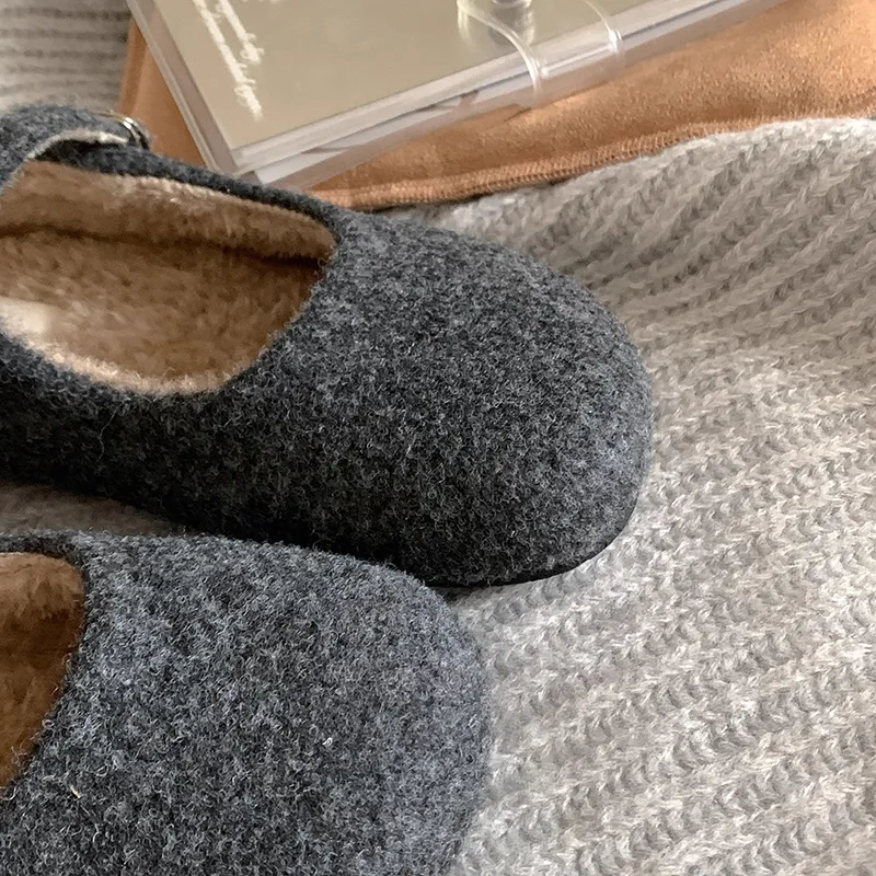 混色高級灰法式瑪麗珍毛毛鞋 內刷毛保暖 秋冬外穿平底鞋