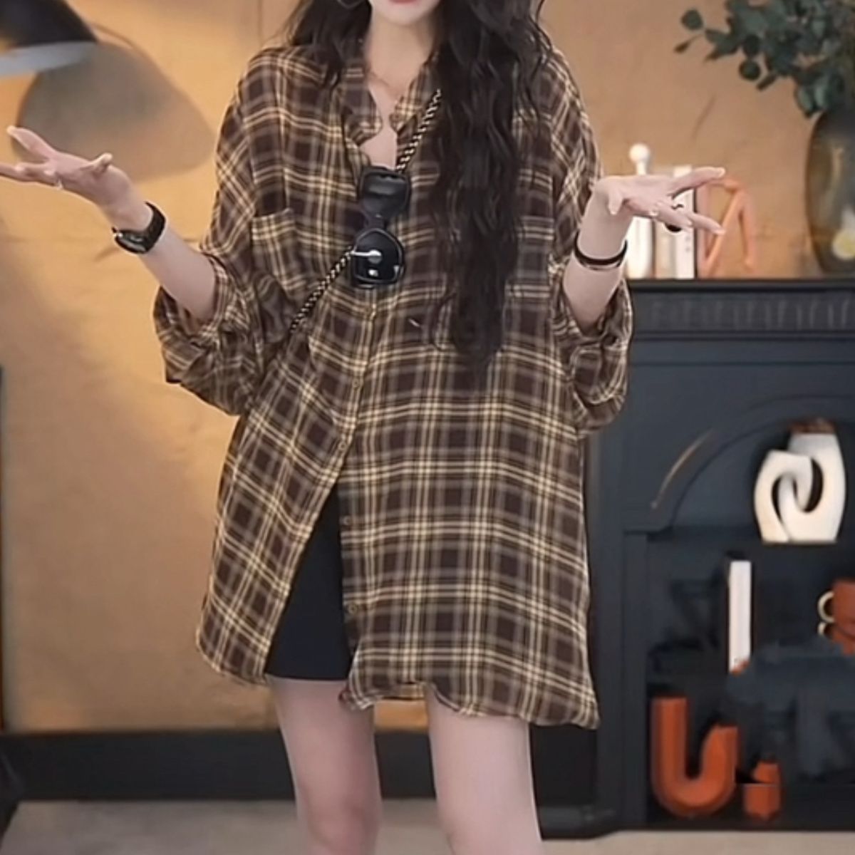 復古格紋寬鬆防曬襯衫外套 七分袖長版休閒款