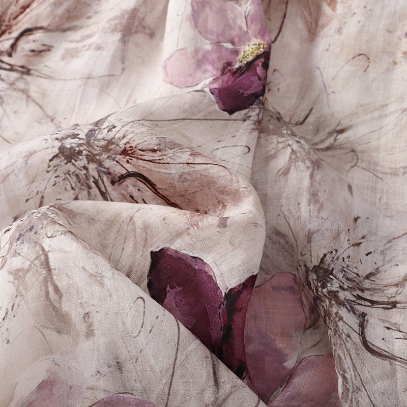 加大尺碼文青風苧麻薄款抽繩收腰碎花圓領洋裝