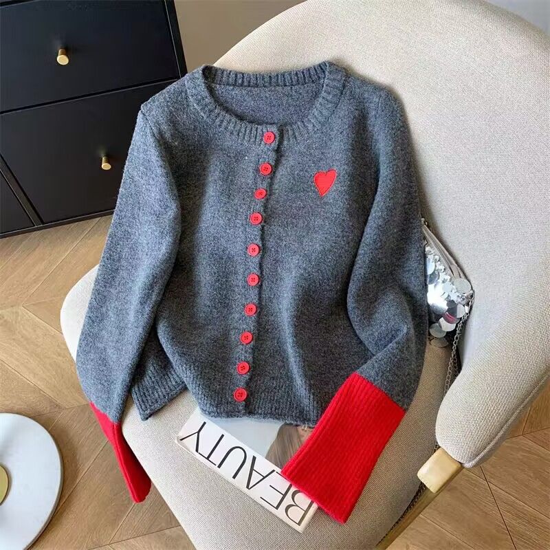 撞色袖口設計針織開衫 柔軟內搭 高級灰毛衣