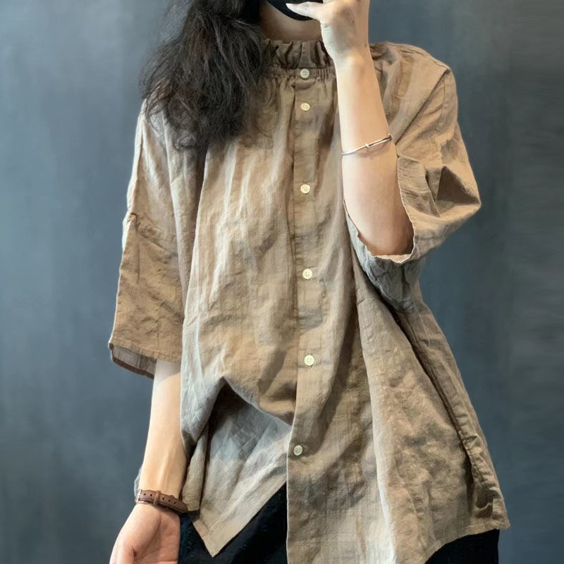 文青款​棉麻襯衫 雙面神級穿法 荷葉領文藝復古五分袖休閒上衣