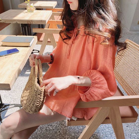 韓版寬鬆甜美系花邊燈籠袖七分袖襯衫