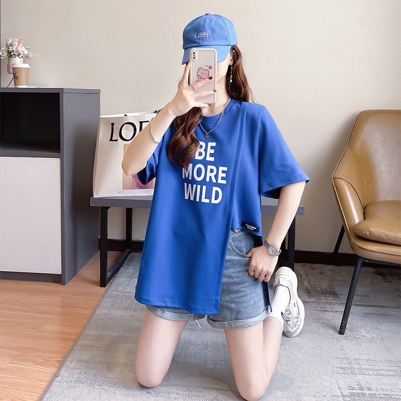 大尺碼字母不對稱開衩短袖T恤 棉花糖女孩寬鬆顯瘦上衣