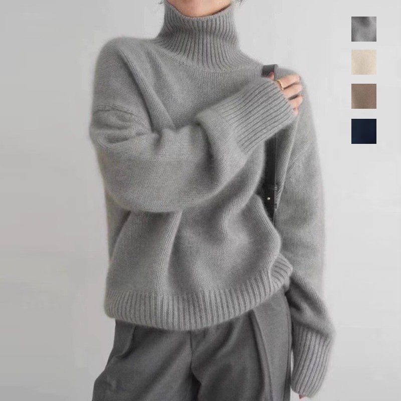 秋冬加厚素色羊毛針織上衣 高領寬鬆慵懶羊毛毛衣