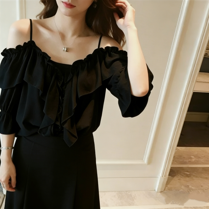 法式荷葉一字領露肩上衣 優雅氣質款