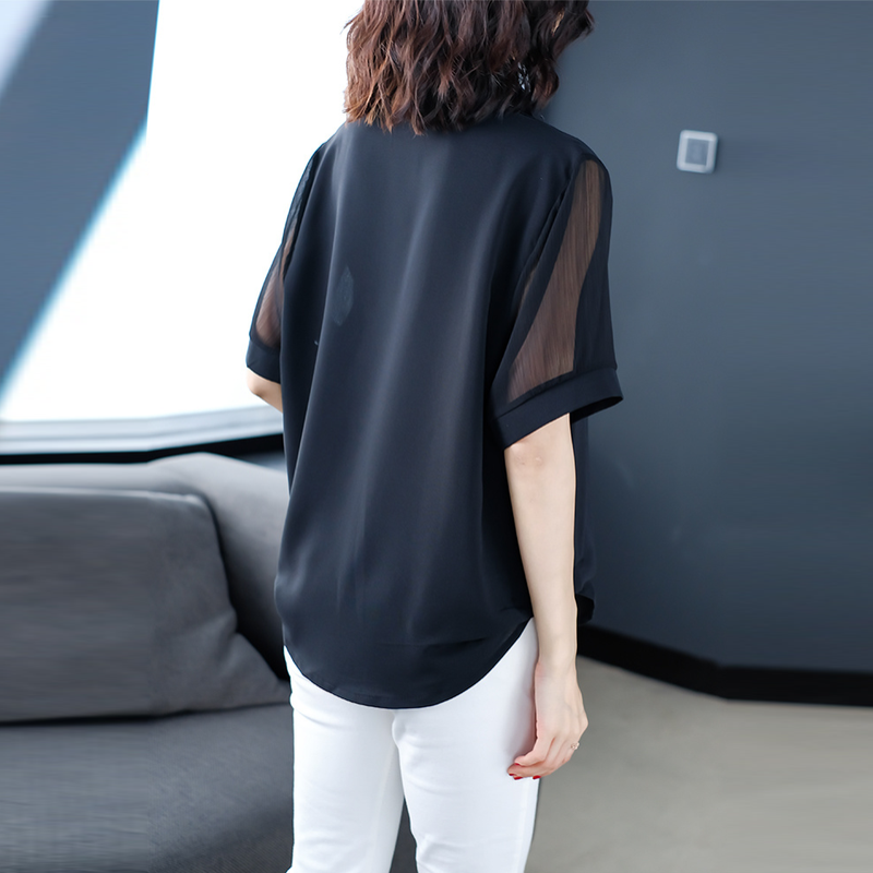 女人魅力UP通勤透膚雪紡衫黑色短袖v領 韓版襯衣