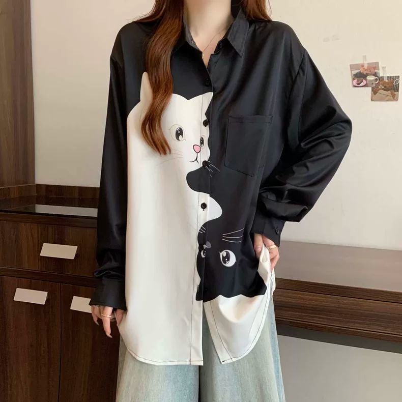大尺碼貓咪印花襯衫 長袖寬鬆版 顯瘦遮肉（黑/白）