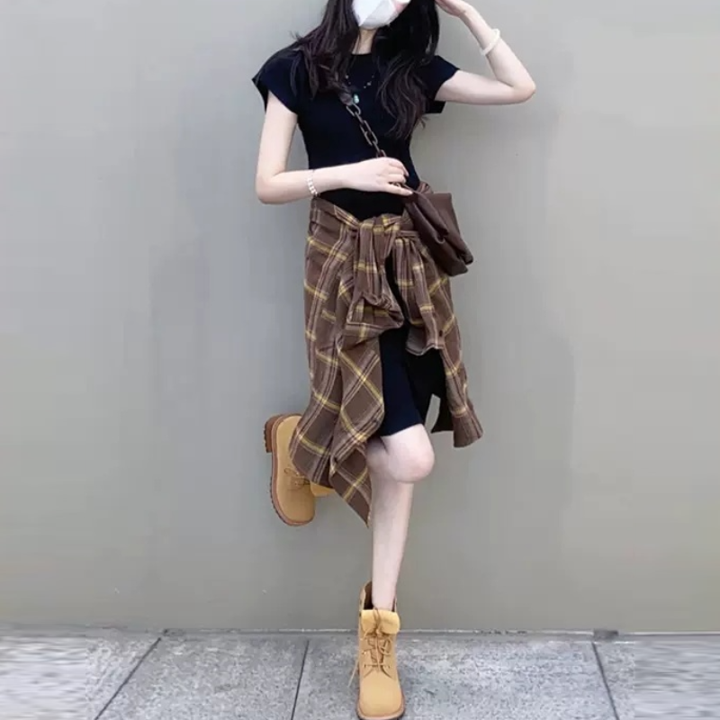 【單品可選】春夏韓版高級感顯瘦溫柔風 格紋襯衫+連身裙套裝