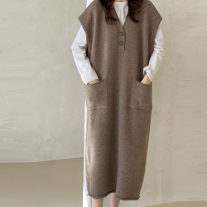 春秋寬鬆顯瘦系扣連身裙-百搭針織馬甲中長款洋裝