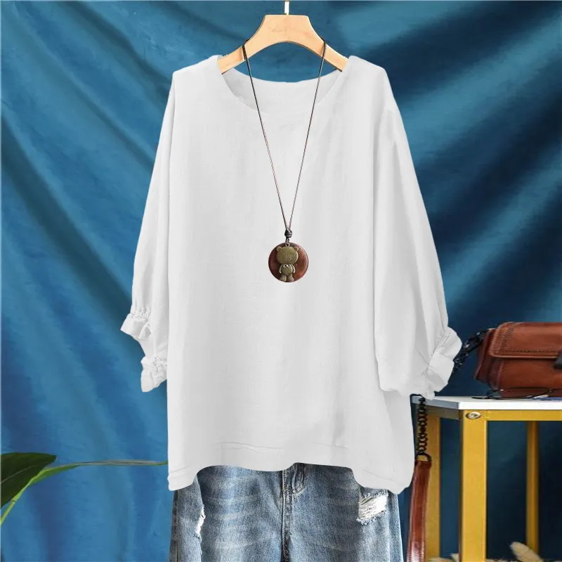 寬鬆五分袖上衣 春夏秋棉質 圓領縮口蓬袖 顯瘦百搭 外穿好搭