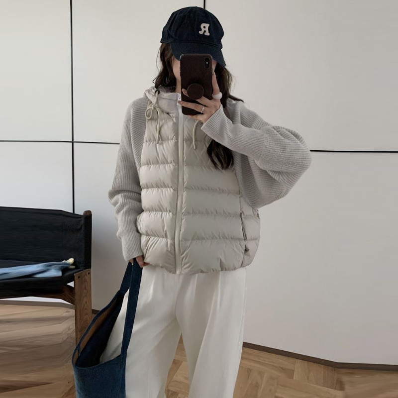 針織拼接連帽鋪棉外套 短版輕量 保暖不臃腫（小個子友善）