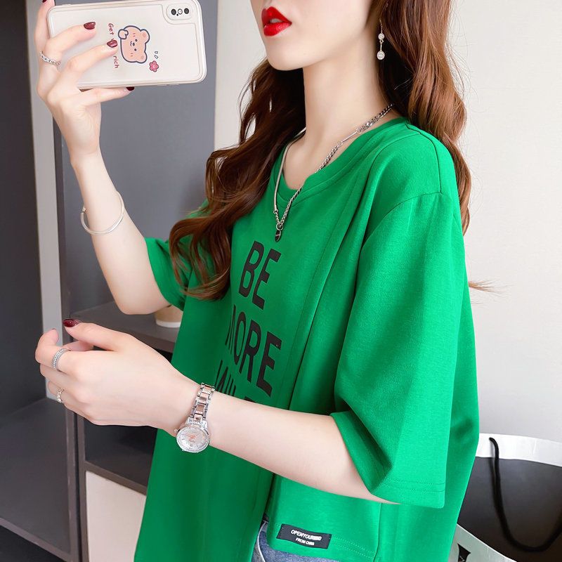 大尺碼字母不對稱開衩短袖T恤 棉花糖女孩寬鬆顯瘦上衣