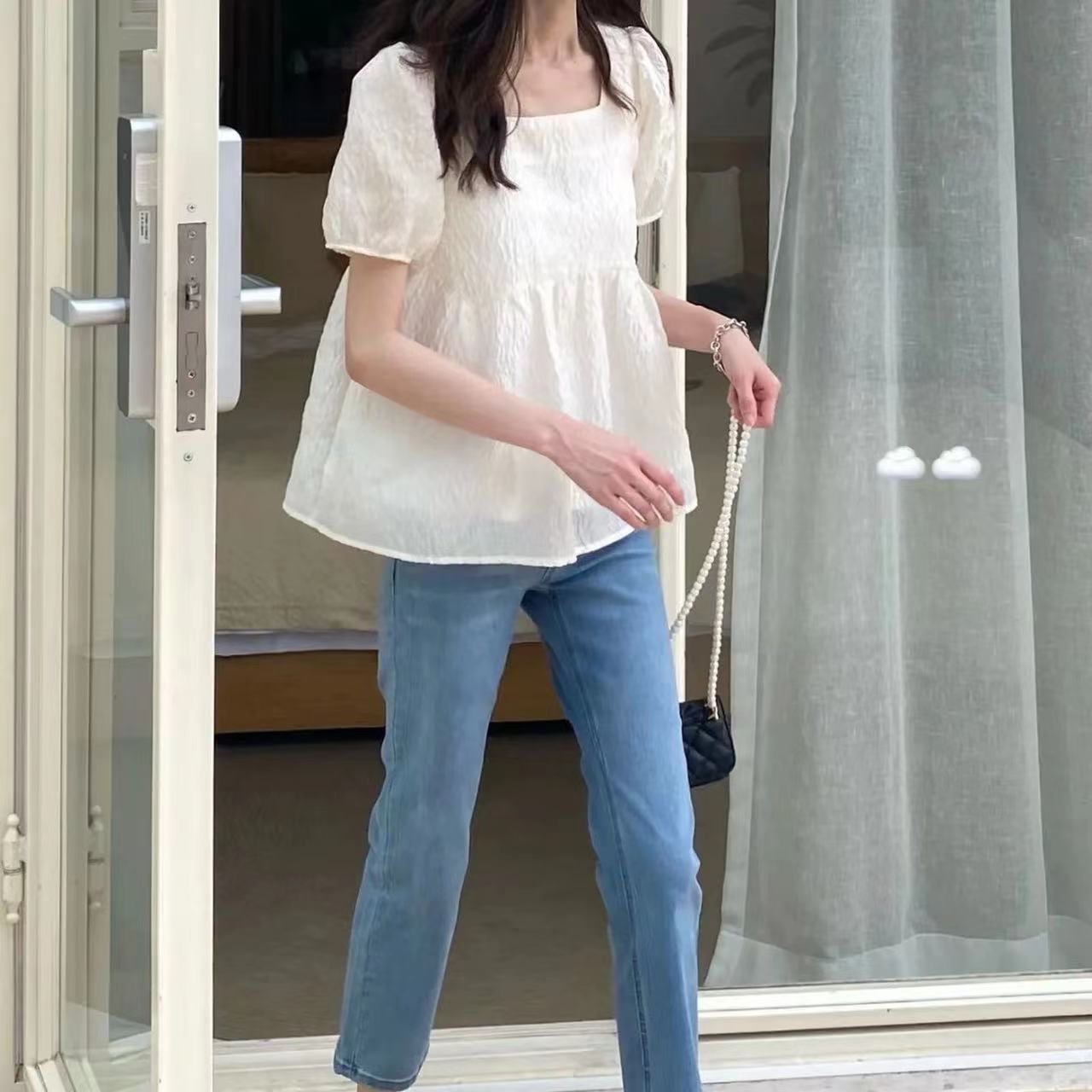 簡約 ‧ 純色方領泡泡袖上衣 宽松短袖襯衫法式肌理感