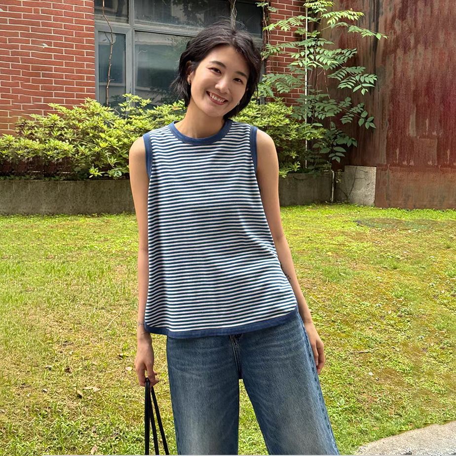 日系條紋無袖背心 圓弧下擺設計 寬鬆休閒上衣