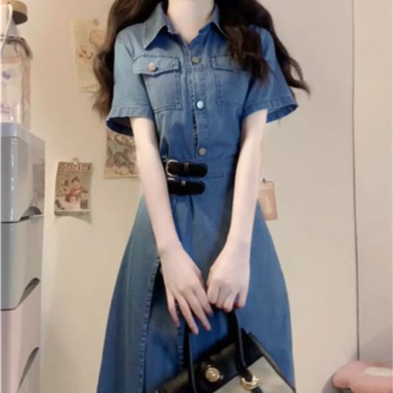 大尺碼牛仔襯衫洋裝 二合一拼接 收腰顯瘦（短版／長版可選）