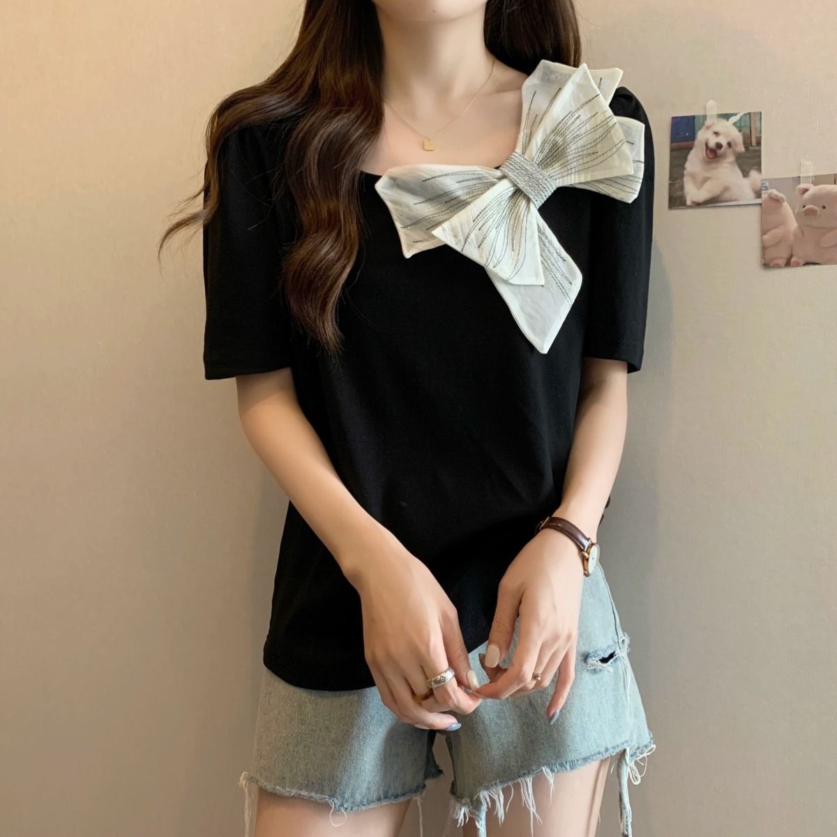 M-4XL蝴蝶結黑色短袖小方領T恤女設計感小眾氣質減齡上衣