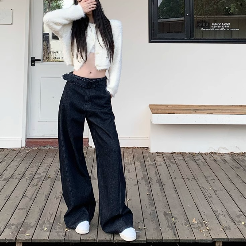 韓系 ‧ 復古腰帶設計感寬腿牛仔褲