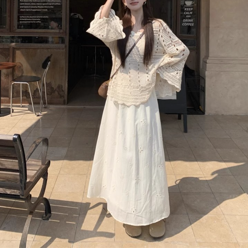 【單品可選】溫柔風兩件式套裝 鏤空長袖上衣+半身長裙 氣質減齡