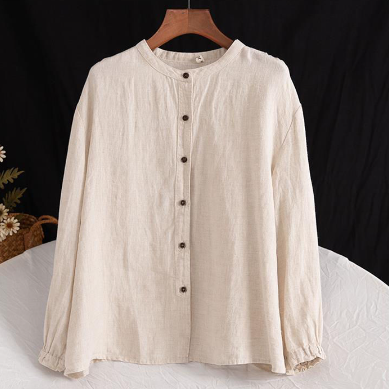 棉麻圓領襯衫外套 文青復古感 春秋長袖 寬鬆版 袖口縮口 好搭上衣