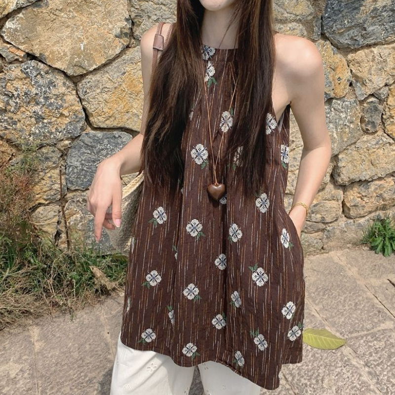 棕色印花無袖上衣 掛脖設計寬鬆剪裁 文青復古風